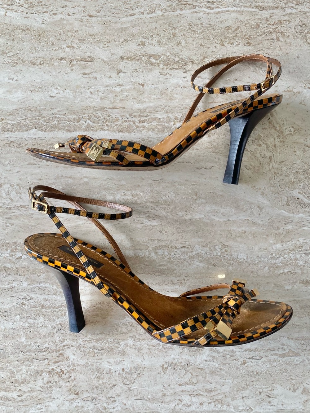 Vintage Louis Vuitton Damier LV Bow Ankle Strap Sandal Heels - Picture 3 of 8